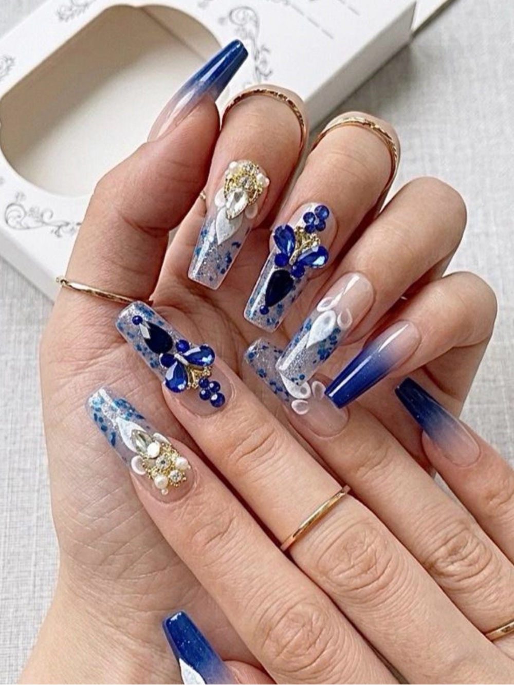 Blue Ombre Acrylic Nails with 3D Rhinestone Accent